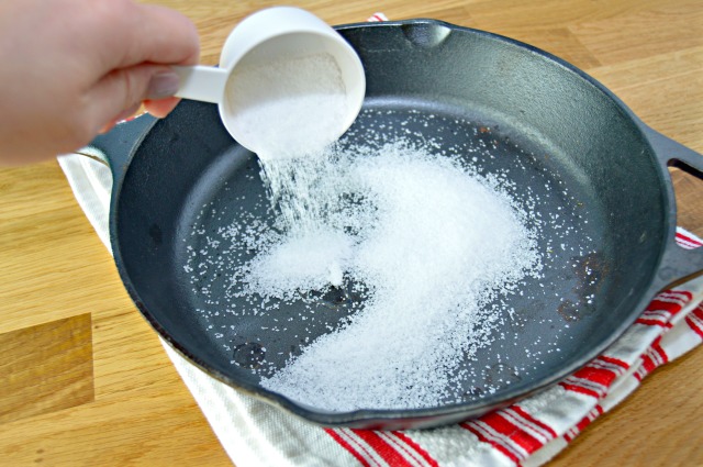 Salt Seasoning your iron skillet.